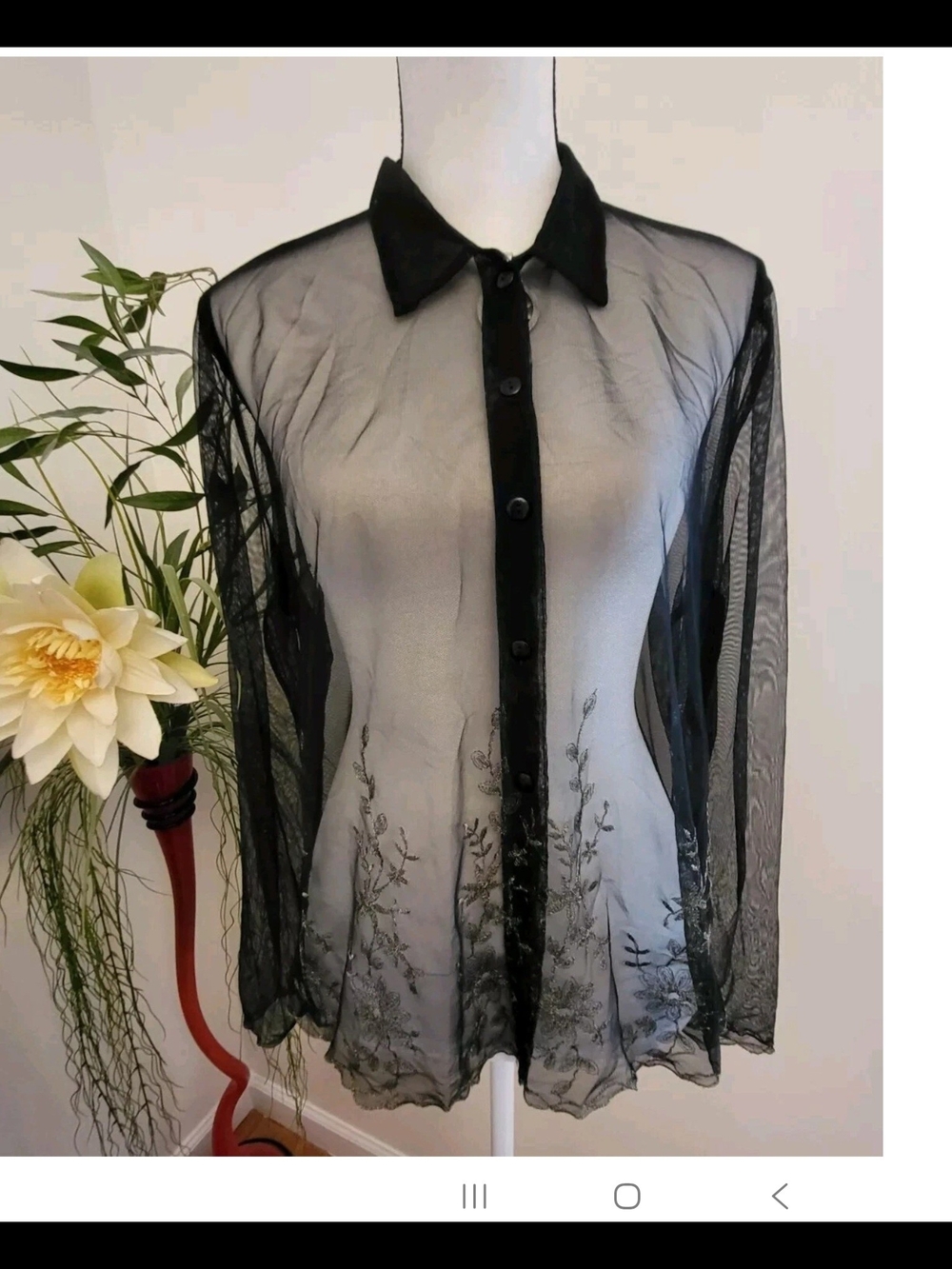 ICE Black Sheer Collared EMBROIDERY Women BottonUp Blouse Top Size XL NWT